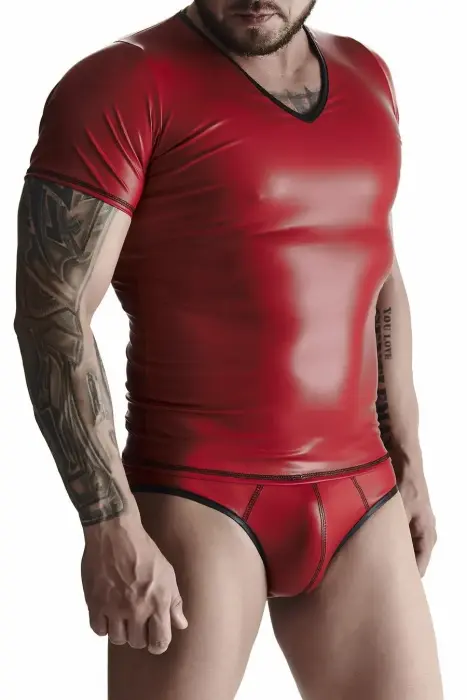 RFP Regnes Fetish Planet Wetlook V-neck T-shirt – Red – S