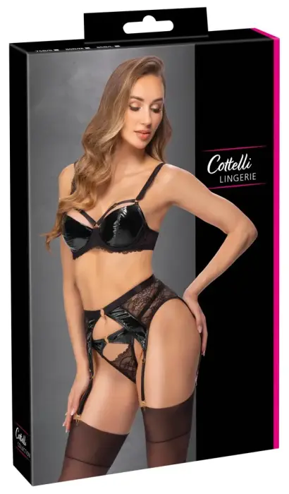 Cottelli LINGERIE кружевной и виниловый комплект с поясом для чулок – чёрный – 85B/L