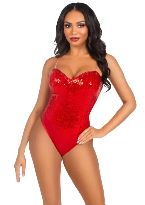 Sequin Boned Bodysuit – Red – L