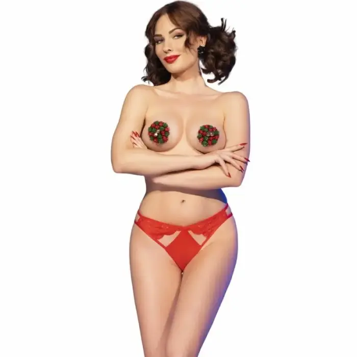 Chilirose CR 4839 Festive Set Red L/XL – Holiday Pom-Pom Nipple Covers & Panties