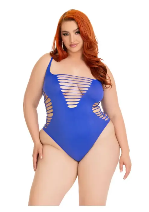 Plus Shredded Racer Back Thong Bodysuit – Blue – 1X/2X