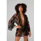 Christine Graceful – mežģīņu kimono halāts ar jostu un tangu – melns – S/M — Foto 4