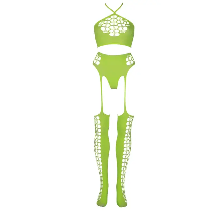Two Piece Crop Top and Stockings Set – Neon Green – Plus Size Photo