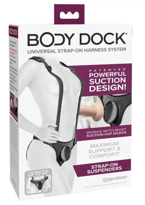 Pipedream Body Dock Suspenders – strap-on diržai su petnešomis ir siurbtuko plokštele – juodi