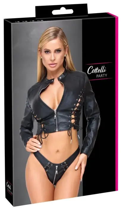 Cottelli PARTY faux leather cropped jacket & thong – black – L