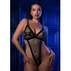 Daring Electric Spark High Waist Bodysuit – strazu tinklelio bodis su aksominemis juostomis is Electric Midnight kolekcijos – juodas – S/M — Nuotrauka 1