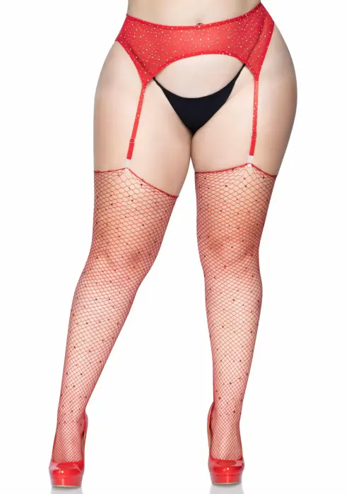 Leg Avenue Rhinestone Fishnet Stockings – Red – Plus size