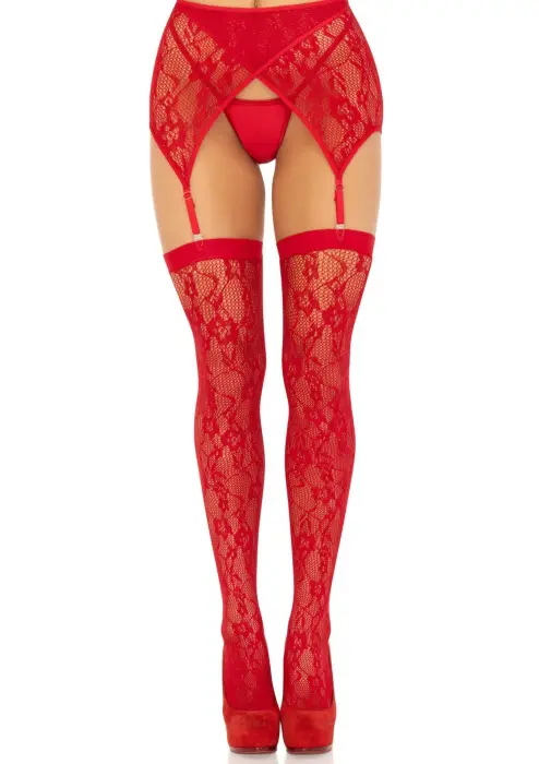 Lace Thigh Highs and Garter Belt – Red – One Size