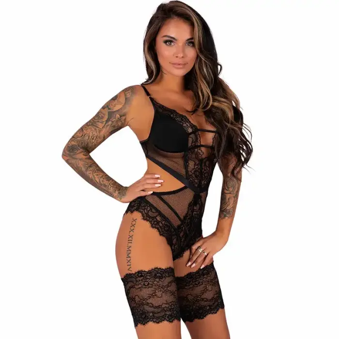 Livco Corsetti Fashion Hawain LC 90665 Mesh & Lace Bodysuit – Black – L/XL