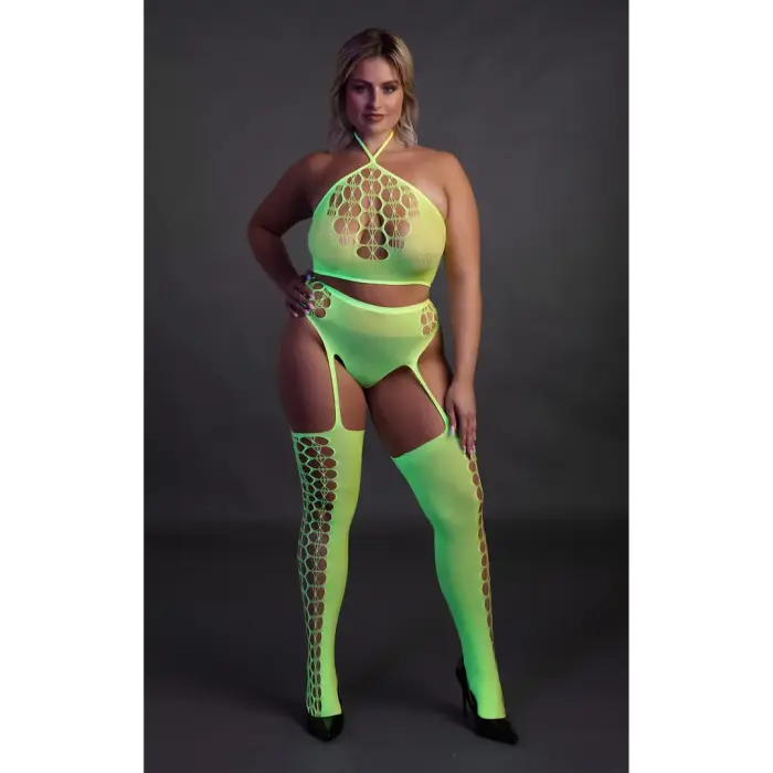 Two Piece Crop Top and Stockings Set – Neon Green – Plus Size Photo