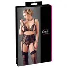 Mežģīņu krūštura un stringu komplekts ar zeķturi – melns – 2XL — Foto 1