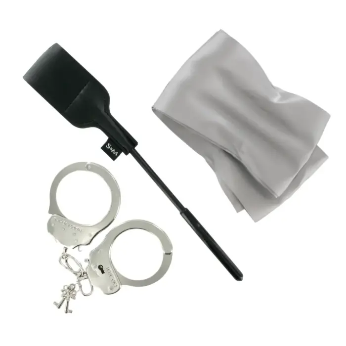 S&M Bondage Escape kit – metal handcuffs, riding crop, silk sash & contract
