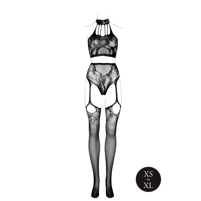 Комплект из двух частей с топом халтер и трусиками с прикрепленными чулками – чёрный – One Size Фото num