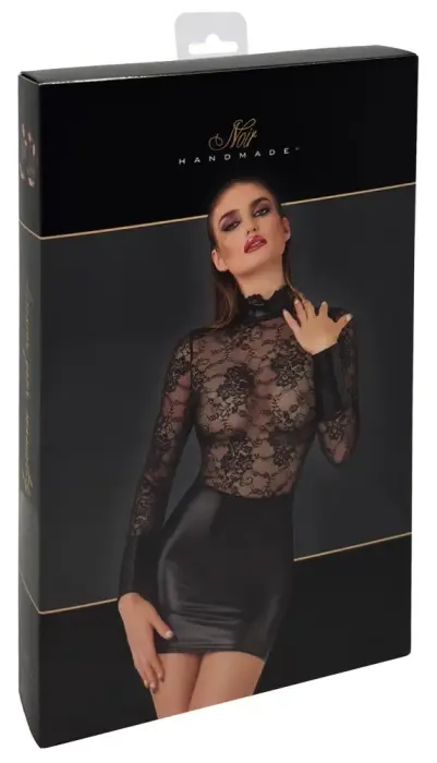 Noir Floral Lace Mini Dress with Powerwetlook Details – XL – Black