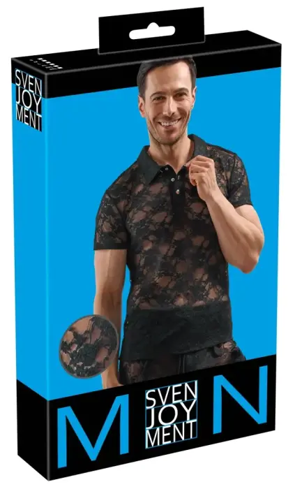 Svenjoyment Herren Shirt – men's transparent floral lace polo-style shirt – black – XL