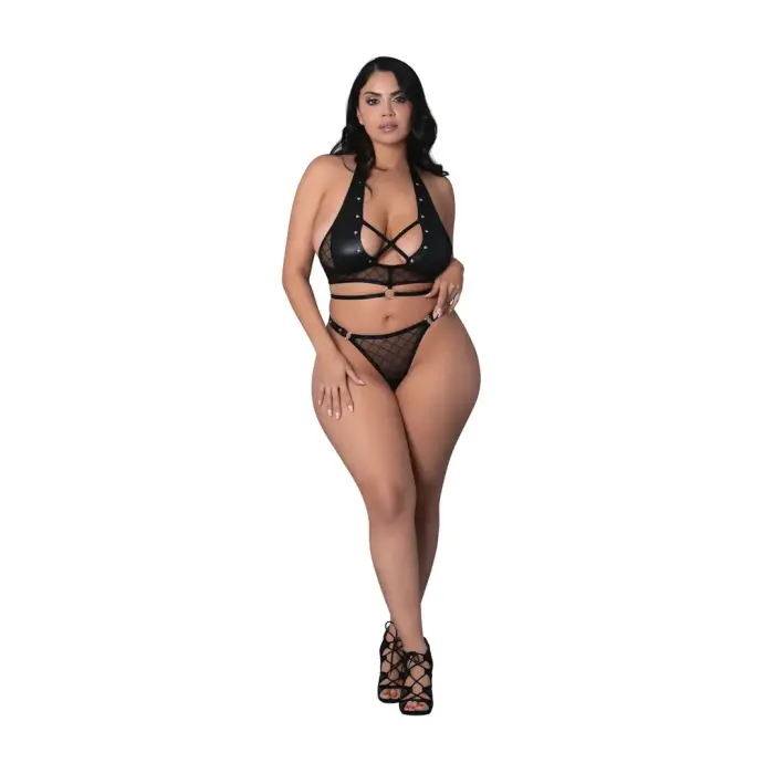 Magic Silk Nadia tīkliņa tops ar kakla siksniņām un stringi ar gredzeniem – melns – Plus size