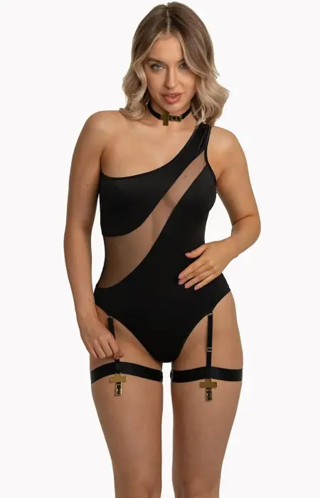 JENNY Bodysuit with Straps and Garter Straps – Black – XXL/XXXL