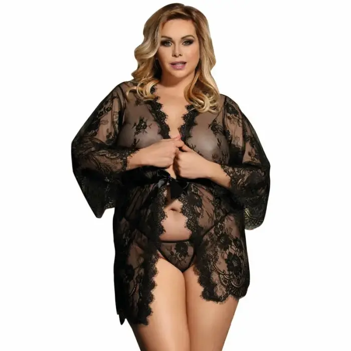 Subblime Queen Plus Black Lace Peignoir with Flared Sleeves Set – Queen Size