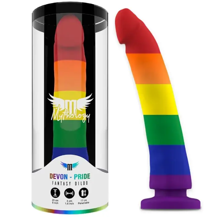 Mythology Devon Pride – šķidrā silikona fantāzijas dildo ar piesūcekni – varavīksnes – L