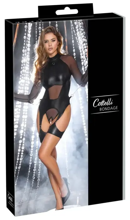 Cottelli Bondage Bodysuit with Garter Straps and Handcuffs – Black – XL