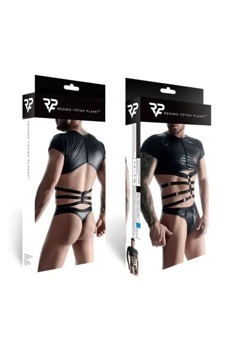 Meeste wetlook komplekt: T-särk elastsete rihmadega, stringid dekoratiivse paelaga eest - M Photo