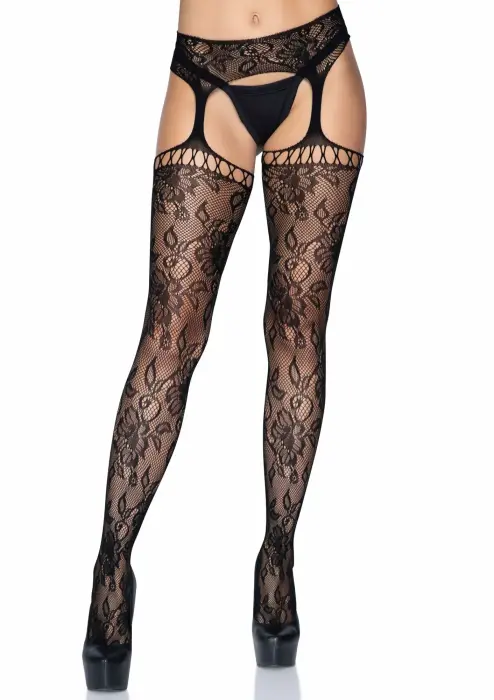 Leg Avenue Lace Stockings with Attached Garter Belt – Black – One size