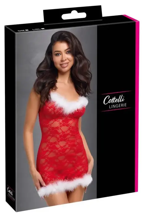 X-Mas Dress with Feather Trim and Cut-Outs – Red – L/XL