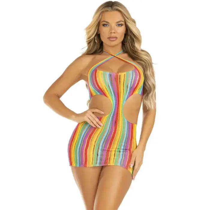 Leg Avenue Rainbow Striped Halter Mini Dress – Multicolor – One Size
