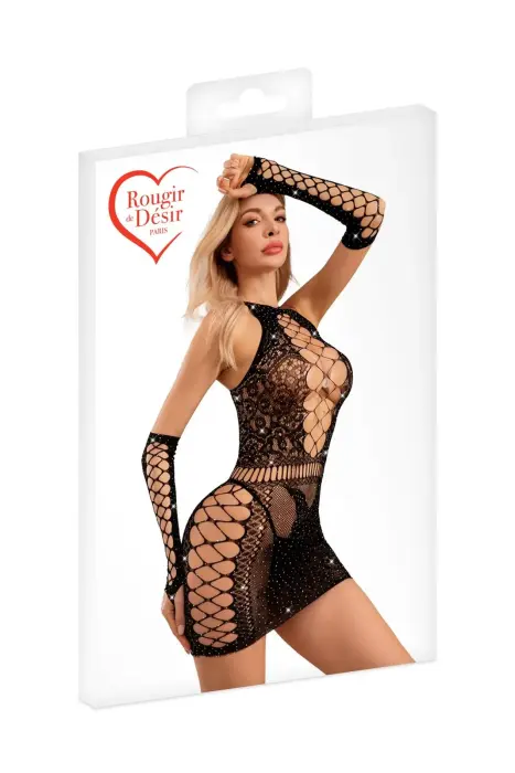 Rougir de Désir – fishnet mini dress with rhinestone mittens – black – one size