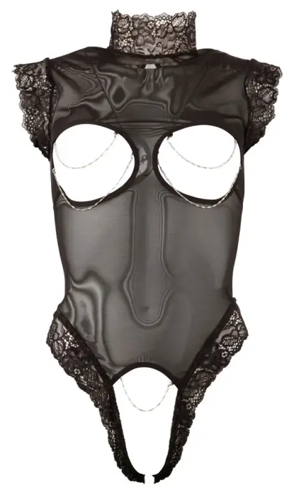 Black Transparent Lace Bodysuit with Detachable Chains – M Photo