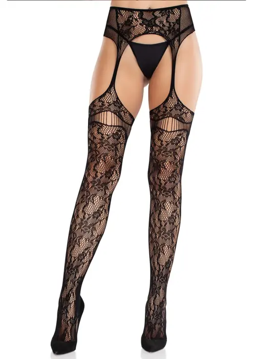 Net Stockings with Attached Garter Belt – Black – One Size