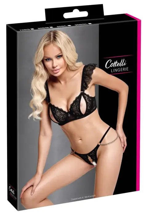 Cottelli LINGERIE lace bra with slits & open string with chains – black – 75B/S