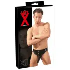 Lateksa vīriešu slip apakšbikses ar penisa uzmavu un anālo dildo – melns – M/L Foto 1