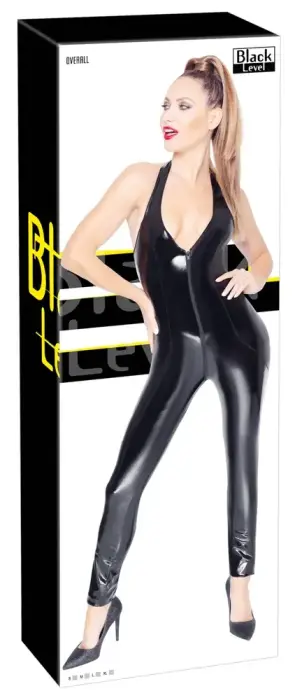 Black Level vinüülist catsuit halter-kaeluse ja kahesuunalise lukuga – must – XL