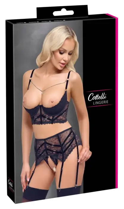 Cottelli LINGERIE Hebe Lace Set with Bra, Suspender Belt and Thong – Black – 80B/M