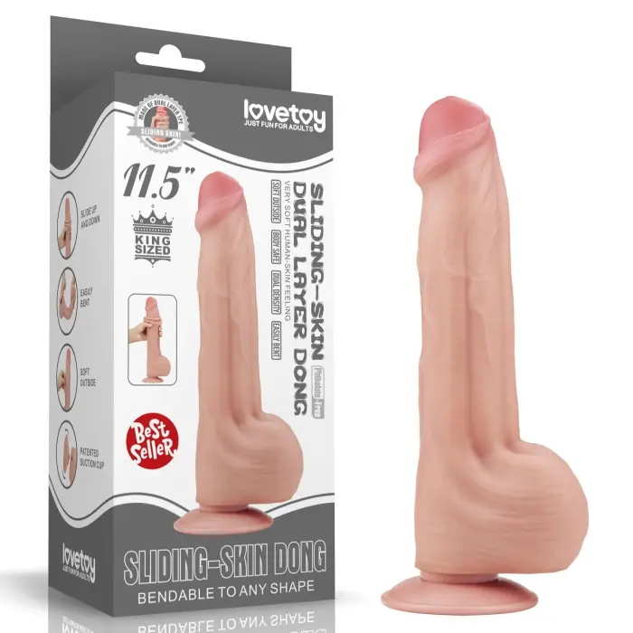 LoveToy King Sized Sliding Skin Dual Layer Dong – realistiškas dildo – TPE – kūno spalvos – 29,2 cm