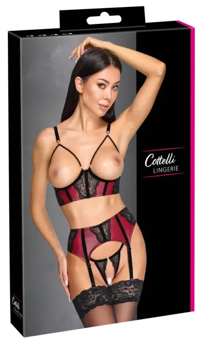 Cottelli LINGERIE Bra, Suspender Belt & String Set – L – Dark Red / Black