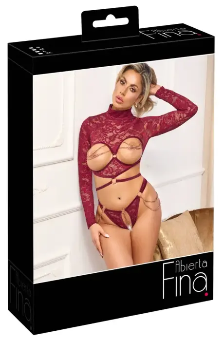 Abierta Fina Open Cup Top and Crotchless Thong Set – Red – XL