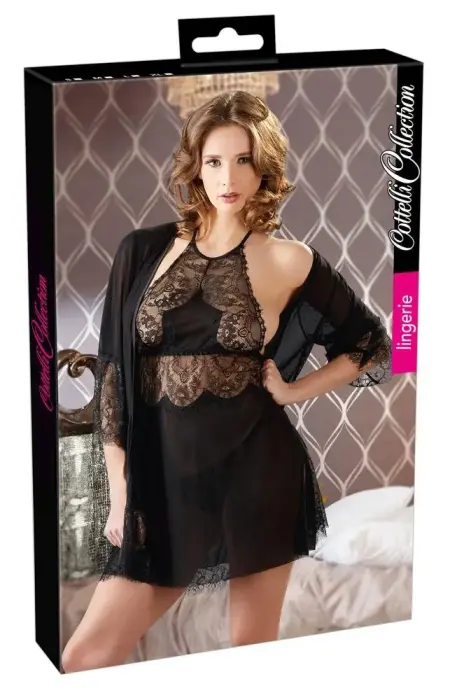 3-Piece Chemise Set with Kimono and String – Black – XL