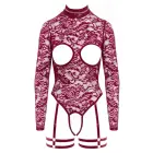 Abierta Fina Lace Bodysuit with Open Cups and Garters – Red – L — Photo 10