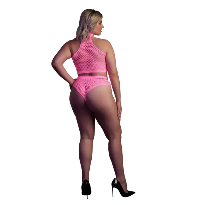 Neon rozā augstās apkakles topiņa un biksīšu komplekts – Plus size Foto 2