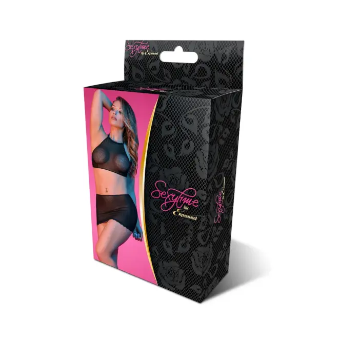 Magic Silk täpiline võrkkangast halter-topi ja seeliku komplekt – must – L/XL
