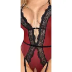 Abierta Fina Crotchless Bodysuit with Lace Inserts – Red/Black – M — Photo 6