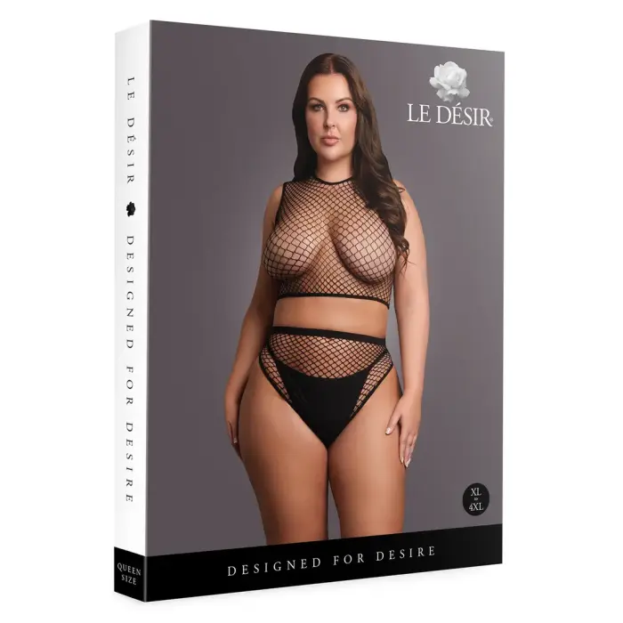 2 Pc Crop Top and Pantie Set with Fishnet Structure – Black – XL-4XL