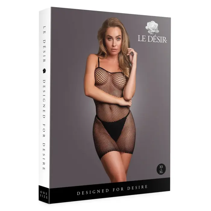 Fishnet Short Dress with Spaghetti Straps – Black – One Size