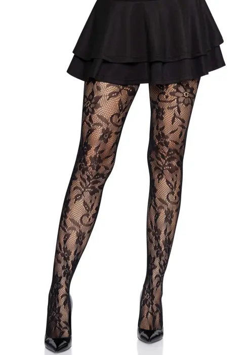Leg Avenue Seamless Floral Lace Pantyhose – Black – One Size