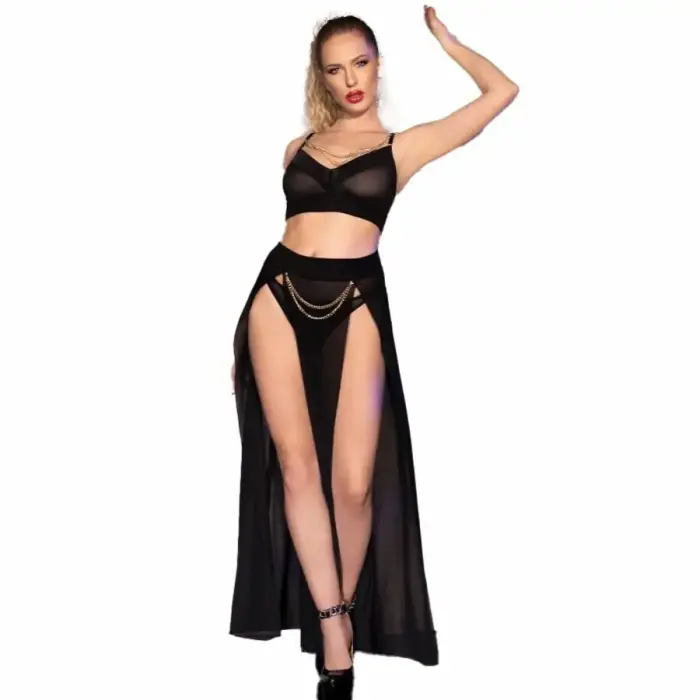 Chilirose CR 4672 tops, svārki un stringi ar noņemamām zelta ķēdītēm – melns – S