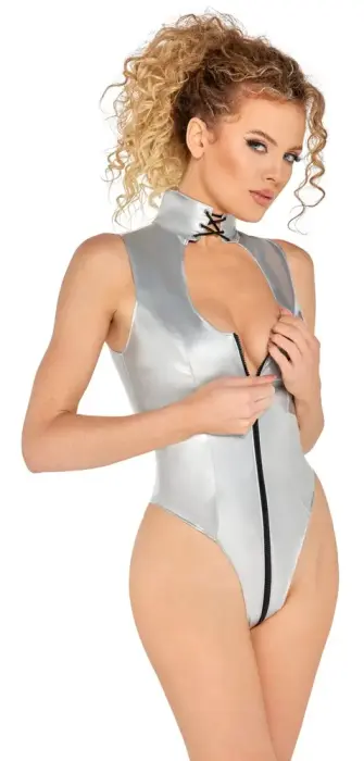 Black Level серебристое виниловое боди с высоким воротником и шнуровкой – XL Фото num