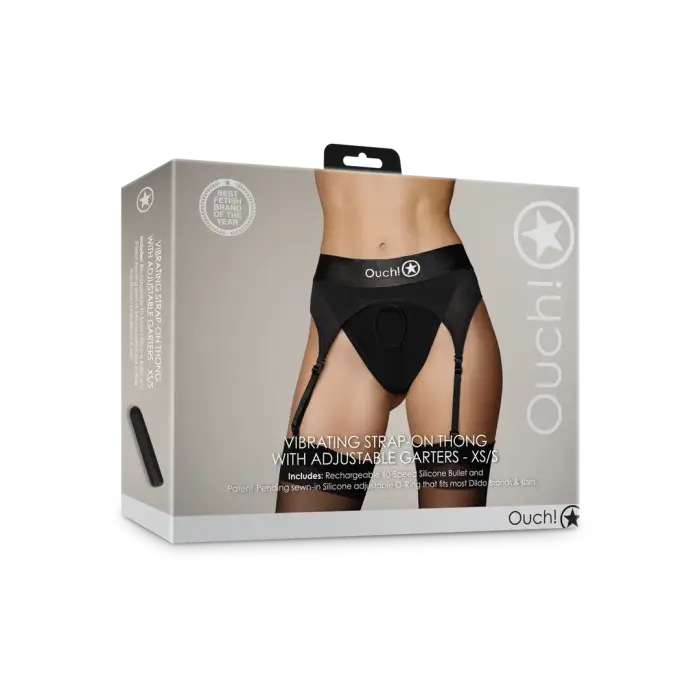 Vibrating Strap-on Thong with Adjustable Garters - XS/S - Black