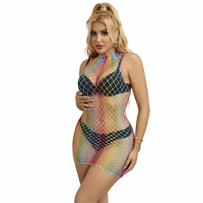 Subblime Rainbow High Neck Mesh Dress – One Size – Multicolored